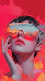 Chromatic VR visor portrait in neon thermal color fields.