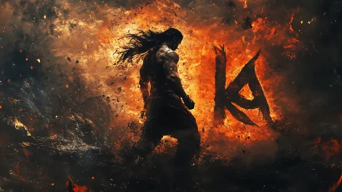 Infernal warrior silhouette amid turbulent combustion field.