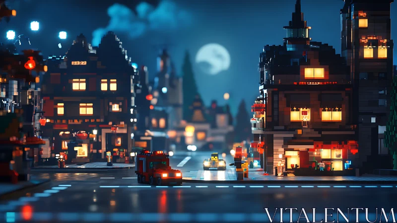 Moonlit toy-city traffic hums through glowing brick streets