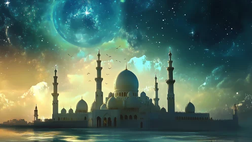 Starlit domed palace resting beneath a glowing cosmic sky.