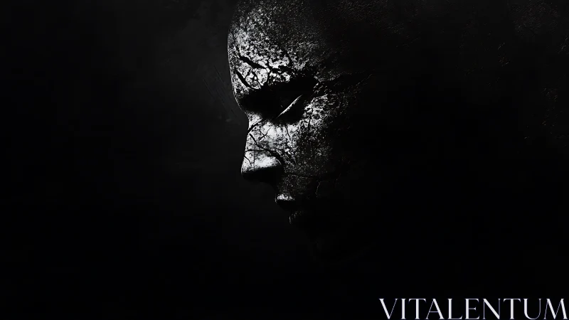 Cracked stone face emerges from deep monochrome shadow.