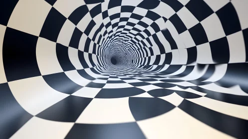 Surreal checkered tunnel with optical illusion effect in 3D art.