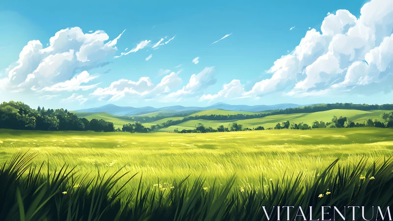 Sunlit green meadow under expansive summer sky. Period.