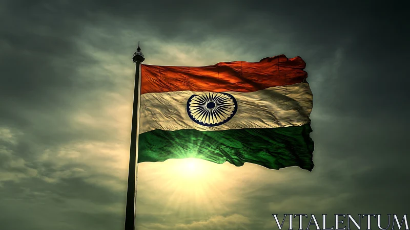 Sunlit Indian tricolor streaming against stormlit skies.