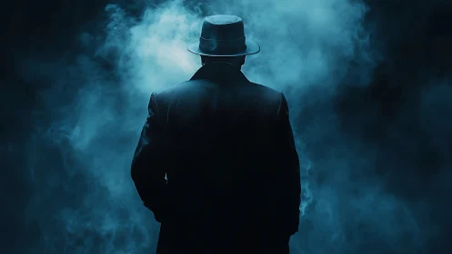 Mysterious man in fedora stands in blue fog, back turned.