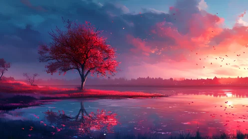 Crimson shoreline tree serenades a neon painted sunset sky