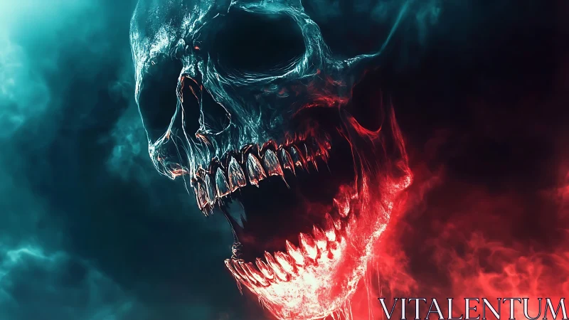 Bioluminescent demon skull emerges through dual neon smoke fields