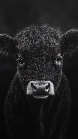 High-contrast bovine portrait isolates detailed fur and wet muzzle