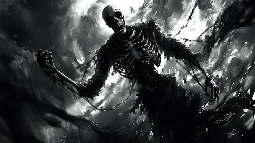Storm-lit skeletal wraith rises boldly from swirling shadows