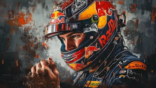 Helmeted racing driver portrait rendered in digital paint
