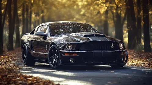 Shelby-style black muscle car on a golden forest road.