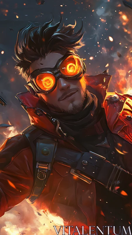 Fire-lit cyber rebel in glowing goggles strides through chaos
