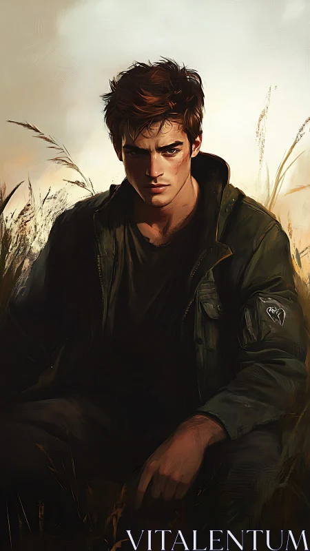Brooding young man sits in tall grass under muted sky