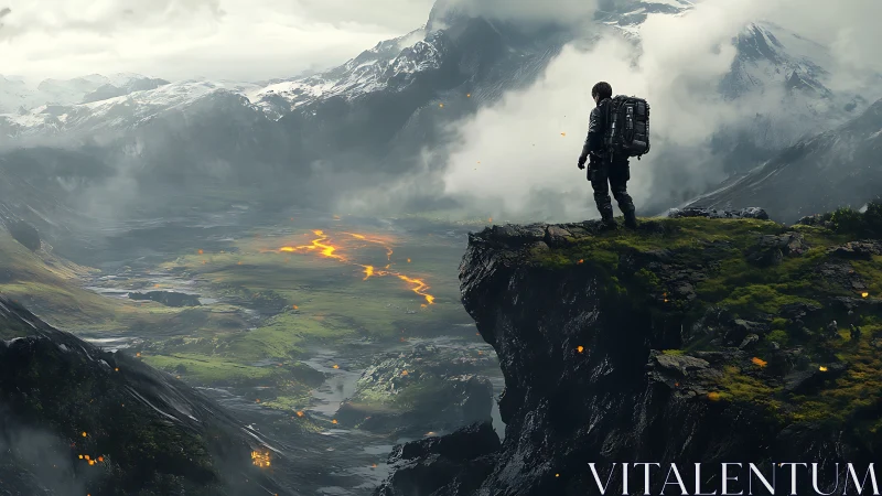 Solitary explorer surveys volcanic valley from high cliff.