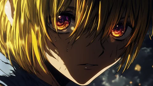 Intense anime closeup of blond character with glowing eyes.
