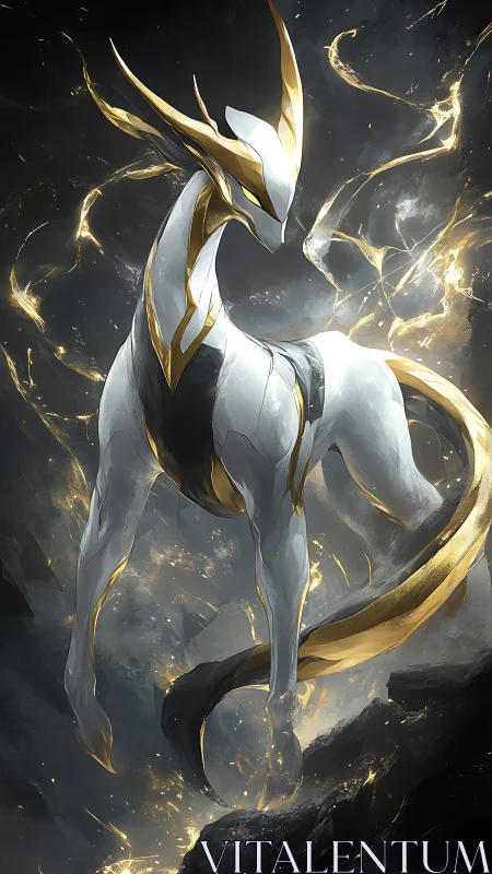 Celestial biomech dragon entity with gold filigree exoskeleton