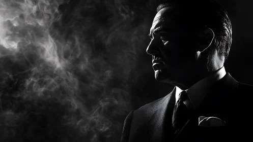 Shadowed mob boss stares through swirling noir smoke dramatically.