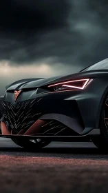 Futuristic sport car front cuts through stormy twilight road
