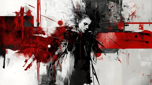 Dark punk figure in red and black abstract splatter art.