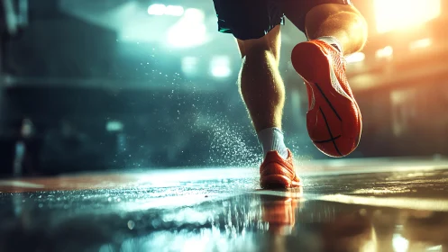 Runner sprints indoors on wet reflective court surface