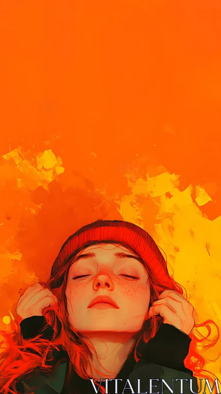 Portrait of red haired person in beanie against orange field.