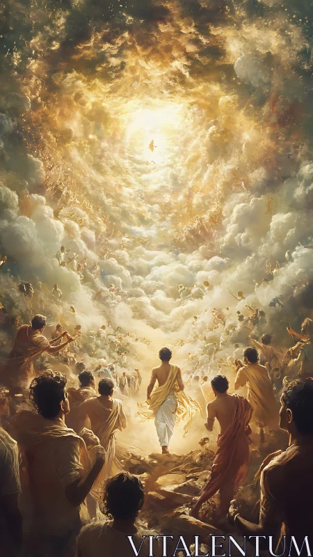 Radiant heavenly gathering walking toward a sunlit sky portal.