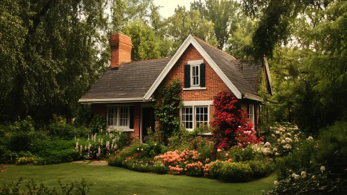 Sunlit brick cottage nestled in lush flowering garden.