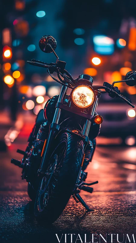 Midnight street motorcycle with neon bokeh glow.