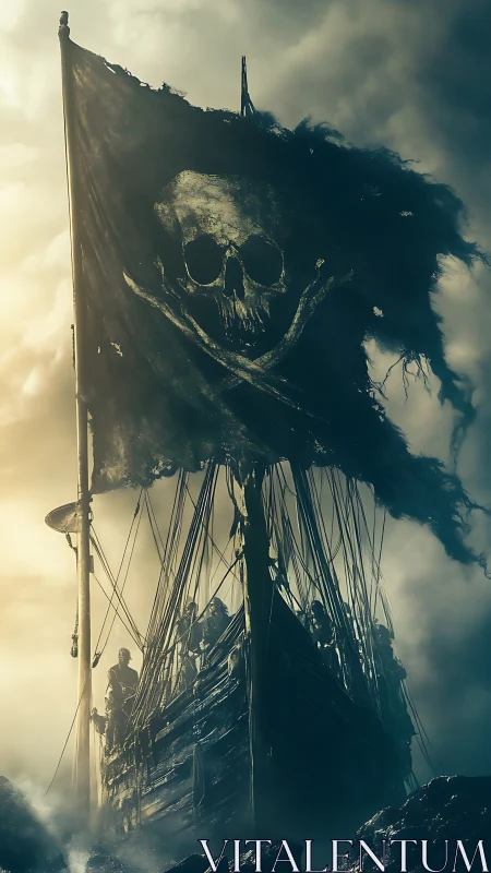 Ghostly pirate ship with tattered skull flag in foggy seas.