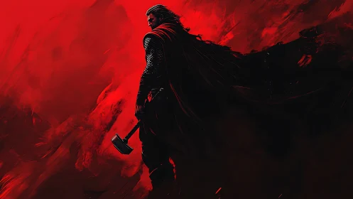 Storm warrior strides through scarlet clouds with quiet power