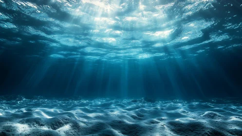 Subsurface ocean view with light beams and sandy seafloor.