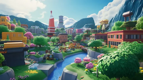 Colorful riverside village glows under bright playful skies