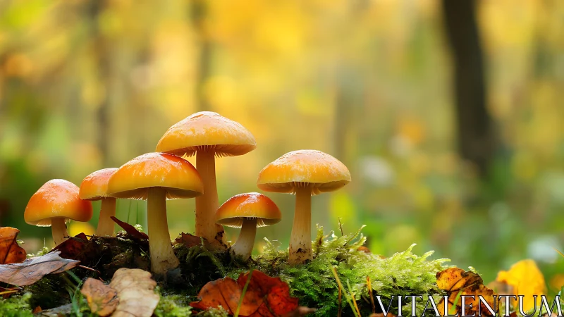 Macro woodland mushrooms under autumn bokeh canopy.