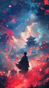 Lone samurai overlooks a neon-lit pagoda in swirling skies