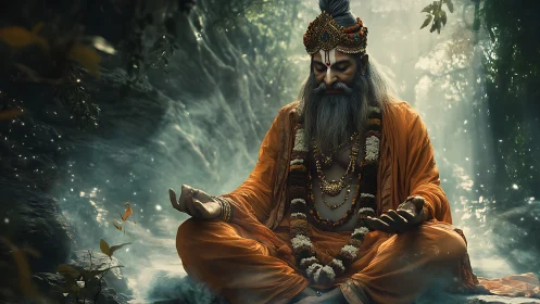 Hermit figure in orange robes meditating in forest light.