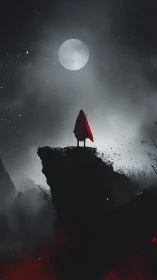 Red cloaked wanderer silhouetted beneath haunting moonlit sky