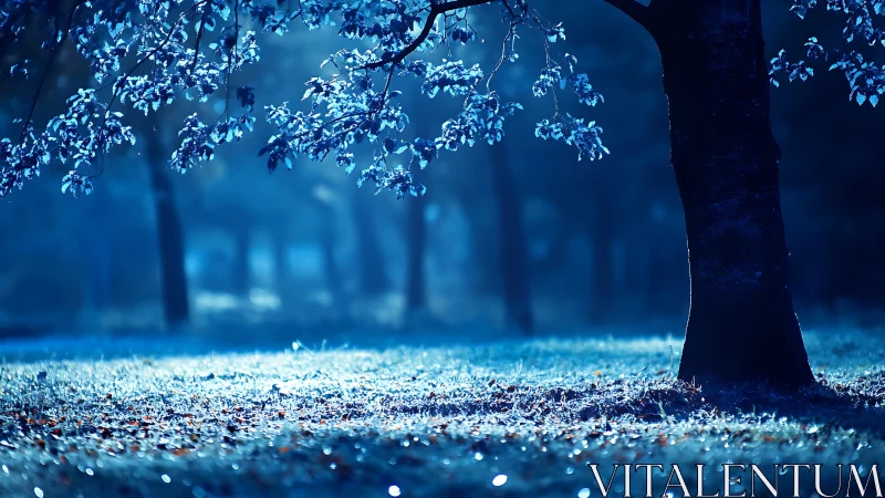 Nocturnal blue grove with foreground tree silhouette study.