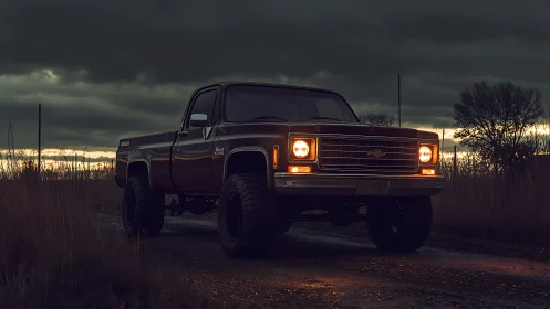 Classic lifted pickup truck on moody rural dirt road at dusk.