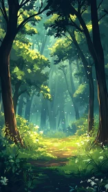 Illuminated Forest Pathway with Atmospheric Light Penetration.