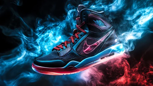 High contrast basketball sneaker with neon smoke lighting.