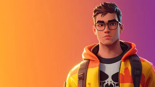 Serious young gamer with backpack on orange gradient