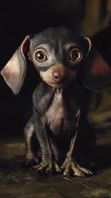 Hyperreal wide-eyed hairless puppy in moody low-key light