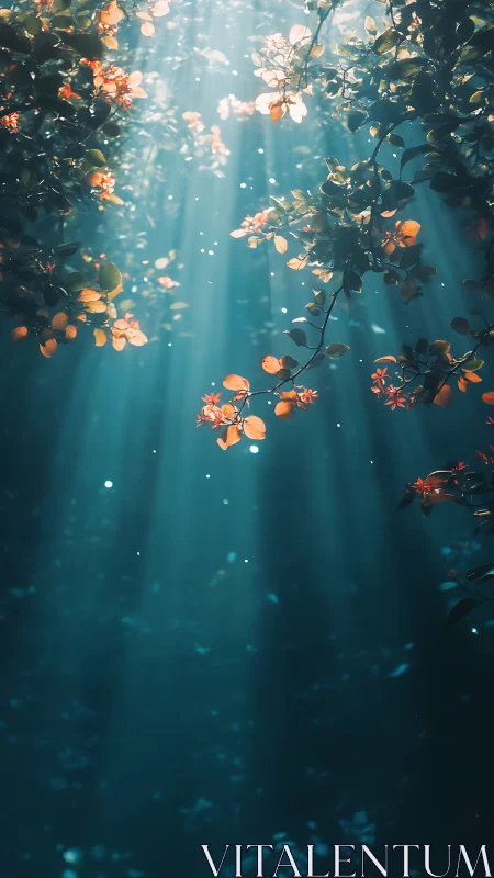 Sunlit branches with falling petals in teal forest air.