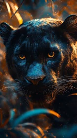 Bioluminescent panther portrait in bokeh-ignited jungle dusk.