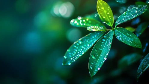 Macro leaf study with dewdrops and high-bokeh background.