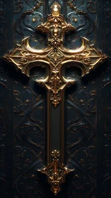 Ornate golden cross dominates dark baroque metal door