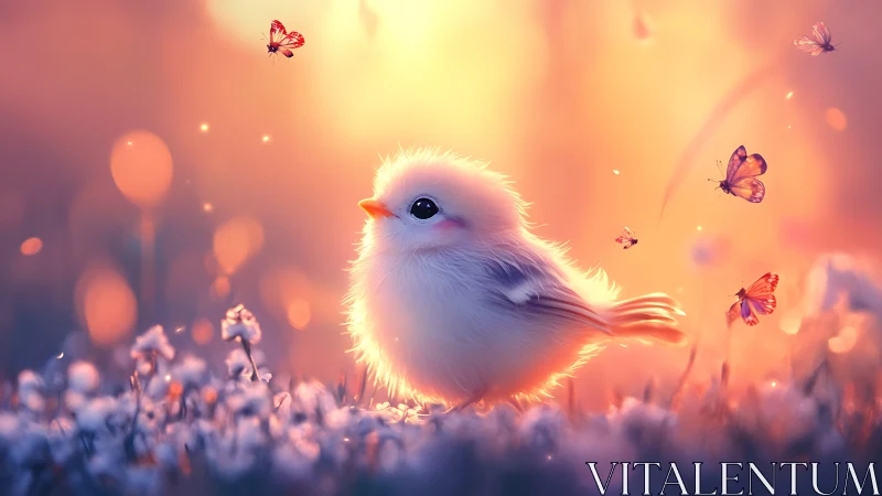 Fluffy baby bird in glowing meadow with butterflies.