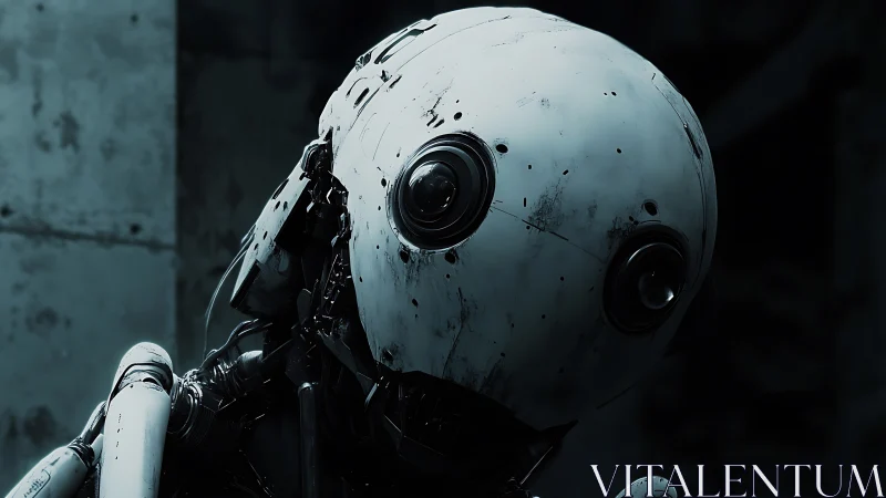 Gentle robot with curious gaze in a quiet shadowed room.