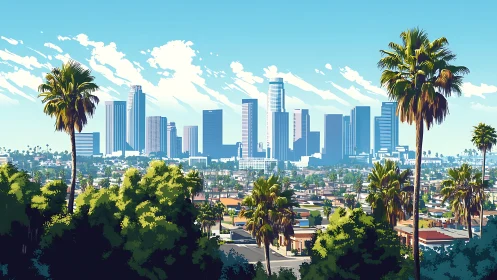 Sunlit palm-lined skyline overlooks a vibrant modern city