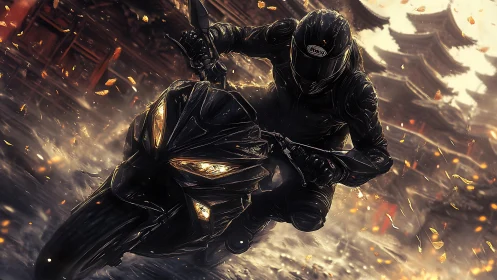 Motorcyclist leans into wet street drift amid golden debris